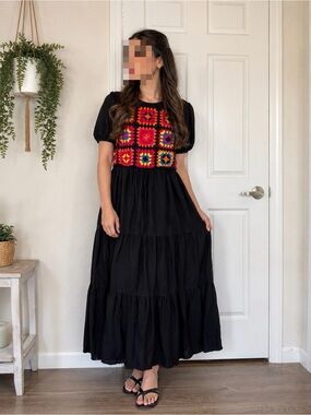 Boho Black Maxi Dress with Colorful Embroidered Bodice